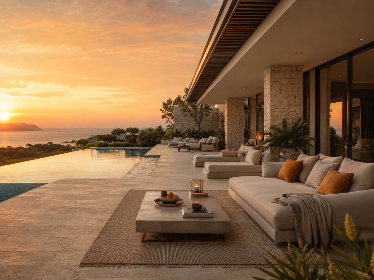 Terrasse de villa de luxe au coucher du soleil
